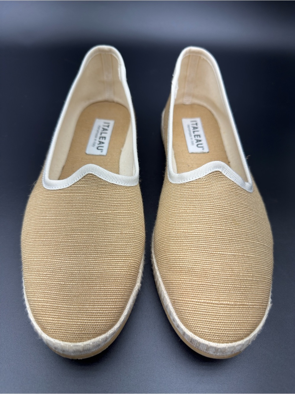 ITALEAU Women's Tan Canvas Espadrille Slip-Ons with Ivory Trim